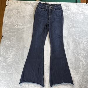 Judy Blue 7/28 Dark Wash High Rise Flared Stretch Frayed Hem Demin Jean Y2K Boho